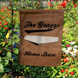 Home plate in the dirt on a custom garden welcome flag with your name and any custom text.