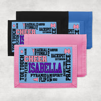Cheerleading terms randomly placed on one of three colors of wallets and personalized with any name