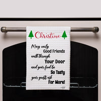 Christmas Trees surround your name on the kitchen blessing dish towel