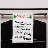 Christmas Trees surround your name on the kitchen blessing dish towel