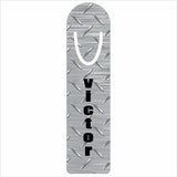 diamond plate design on tall bookmark name is printed vertically in bold black font