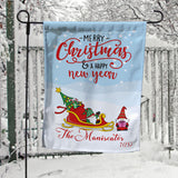 Custom Garden Flag says Merry Christmas and Happy New Year in a Stylish Font on Top, and your personalized name and house number on the bottom. Designs is a snowy scene with gift sled with gnome elf