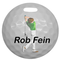 4" round golf bag tag with male golfer and name