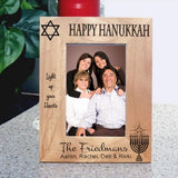 Hanukkah Wood Engraved Picture Frames for tall photos, with menorah, star of David and three lines of custom text.