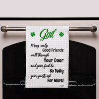 White Waffle Weave Towel personalized with any name surrounded by Shamrocks, and Kitchen Blessing . You can request Shamrocks to be removed or replaced with other icons like hearts, christmas trees etc