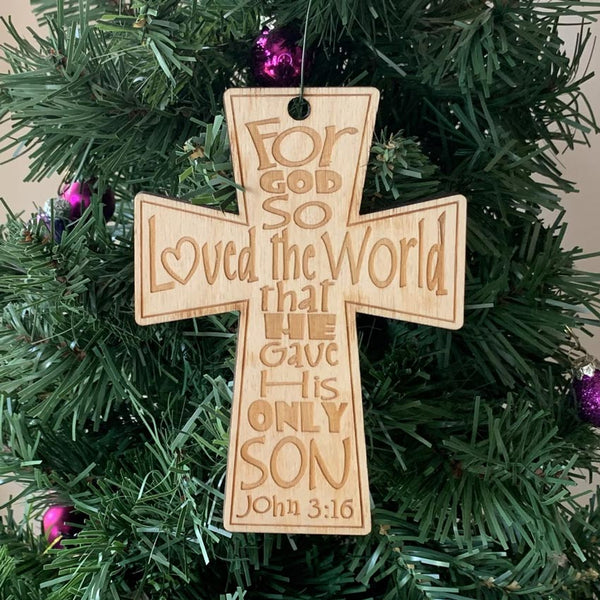 Wood Cross Ornament John 3:16 Bible Verse