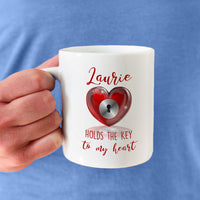 Any Name Holds the key to your heart Personalized Coffee Mugs with heart that has a key hole