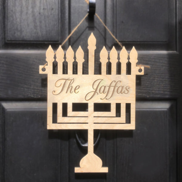 Menorah Shape Wood Door Sign Decor with your name engraved.
