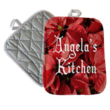 Poinsettia backdrop to any text on a custom 7" x 9" personalized pot holder