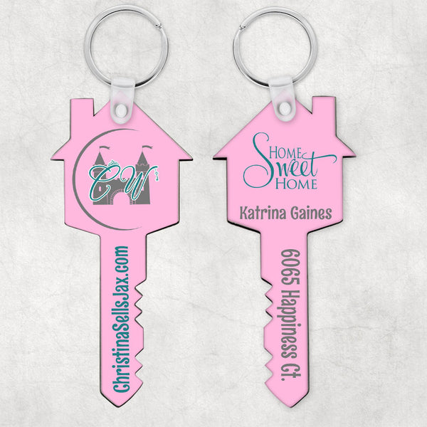 Realtor key and house shaped key ring with your color scheme and logo or custom info. Two sided - one side realtors info second side buyers name and address