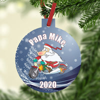 Plastic Santa Biker Ornament 3" round plus stem