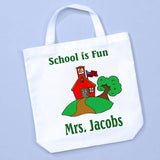 White Tote Bag with red school house and tree on hill. Personalized with any 2 lines of text