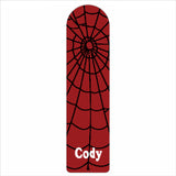 Tall bookmark with spider web design and name on the bottom.