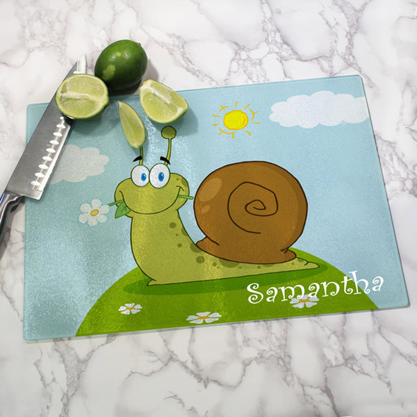 cute cartoon snail design glass cutting board personalized with any name