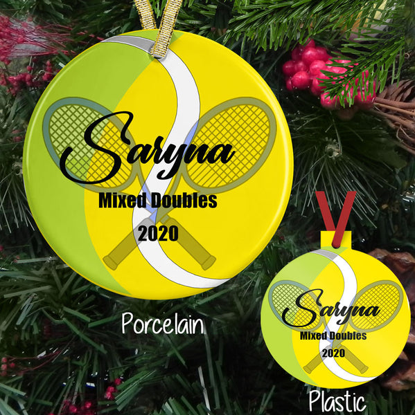 Personalized Tennis Ball and racket Christmas Ornament, showing both porcelain and plastic version of this personalized ornament with three areas of your text.
