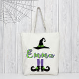 Halloween Tote Bag with Witches Hat, Your Name and Witches legs and shoes. In fun purple and lime green