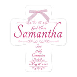Personalized cross with 'God Bless any name' and First Holy Communion, Confirmation or Custom Wishes details. Comes in Pink, Blue or Purple.  Can also be used as a couples wedding cross