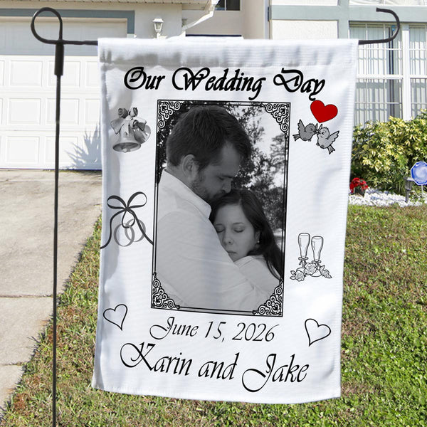 Our Wedding Day Garden Announcement Flag with photo, names, date and ...