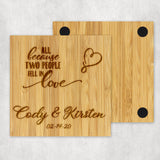 Wood Coaster set of four personalized with All because two people fell in love along with any two names and a date. 