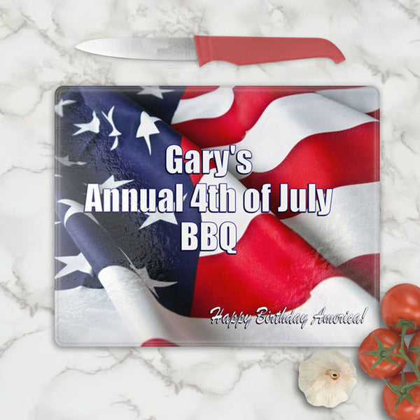 American Flag Background on a glass cutting board personalized with any text.