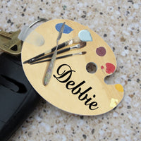 Wood Look Palette shaped key ring with paint spots on top  palette tools design and any name personalized