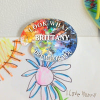 Art Palette Shaped Fridge Magnet to display child's artwork.  Paint Splotches Top Center and Bottom Personalization
