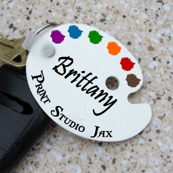 Art Palette Key Chain - White Palette with Paint Spots on Top personalized in center and bottom