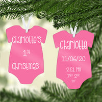 Baby Girl Body Suit First Christmas Ornament With Birth Info  - Name, Date, Time, Weight and Height