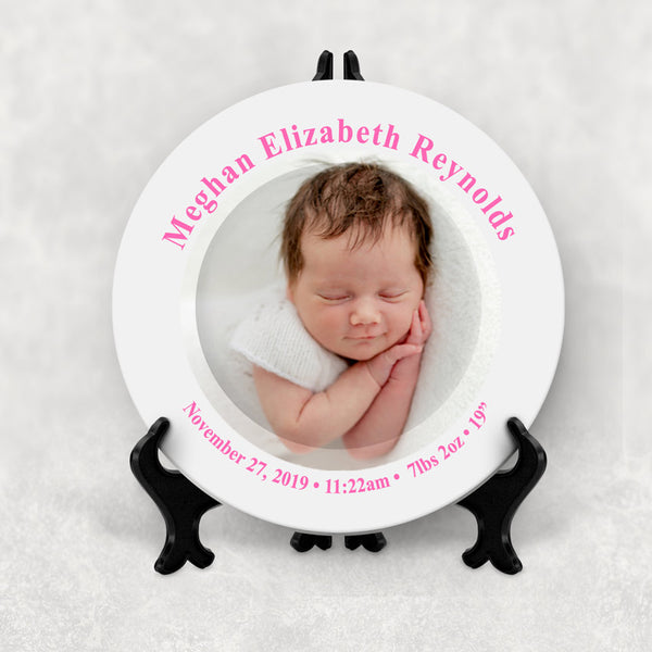 personalized porcelain plate with baby girls birth info