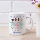 Bachelorette Party Coffee Mugs with rear view of Bride, maid of honor and two bridesmaids in bathrobes. Personalized with names and custom text.