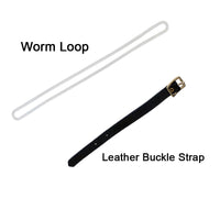 Your choice of bag attachment - leather buckle strap or clear worm loop