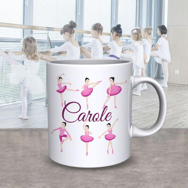cute cartoon ballerinas in different dance positions with name in center on 11oz mug