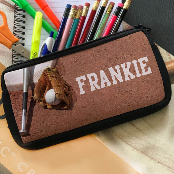 Pencil Case Zipper Pouch with baseball bat, glove holding ball and home base in the dirt and personalized with any name.