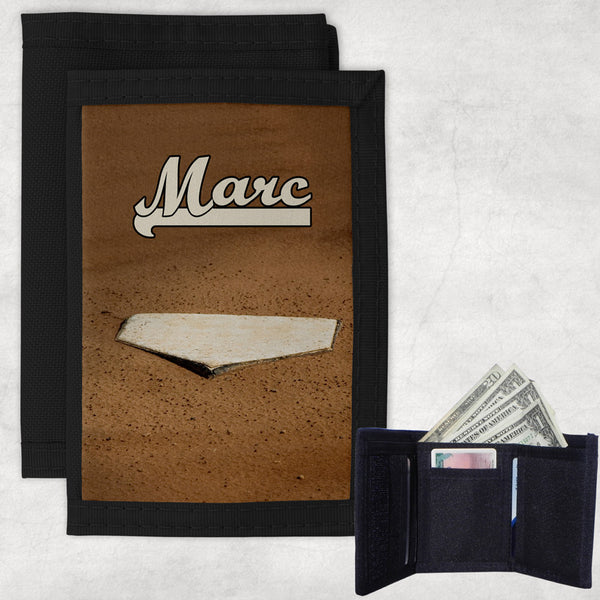 black nylon trifold wallet with baseball home plate image and any name
