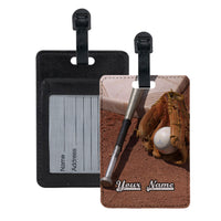 Vegan Leather Luggage Tags with Baseball Gear Image and your Personalized Name. Tag has mesh slot for ID card on back