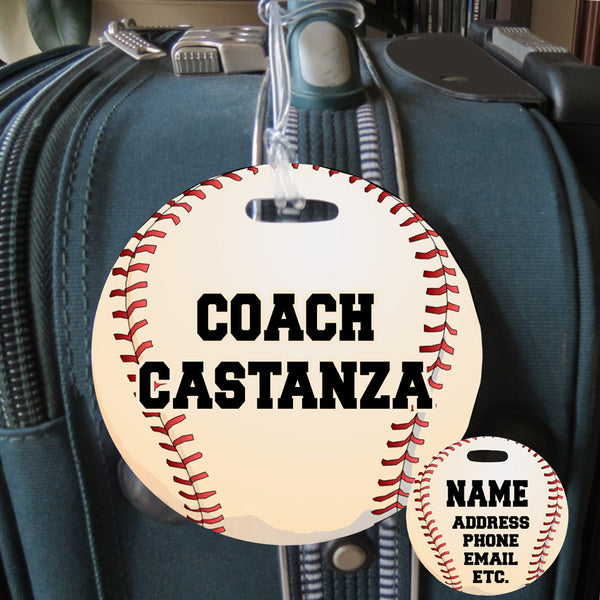 Baseball Theme Bag Tags with ball image and name on one side, contact info on the other