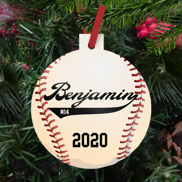 Baseball illustration on a 3" reinforced plastic ornament personalized with name, jersey number and year