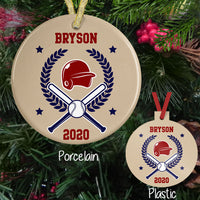 Porcelain and Plastic Baseball Christmas Ornaments with Wreath, Crossed Bats, Ball and Wreath. Personalized with any name and year or jersey number