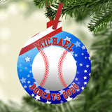 Plastic 3" ornament plus stem for ribbon personalized with U.S.A. theme baseball stars and stripes and any two lines of custom text