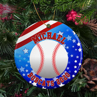 Porcelain Christmas Ornament with Baseball, Stars, and Stripes and Two Lines of Custom Text.