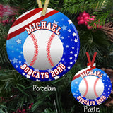 Christmas Ornaments with Baseball Stars and Stripes and custom printed with any name and custom text on porcelain or plastic ornament