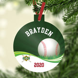 Baseball swirl design on a plastic Christmas Ornament.