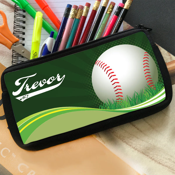 Zippered Pencil Case Pouch with Baseball on a swirl wave with any name in baseball style writing and jersey number or custom text in the tail