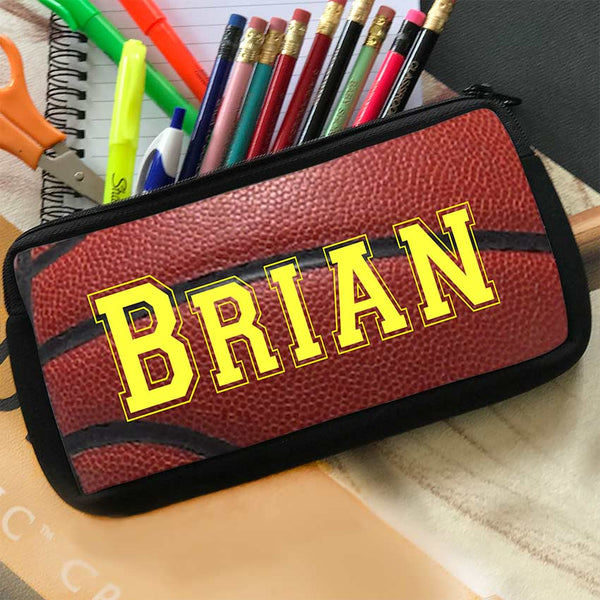 basketball theme pencil case pouch with zipper and personalized with any name in yellow sports font.