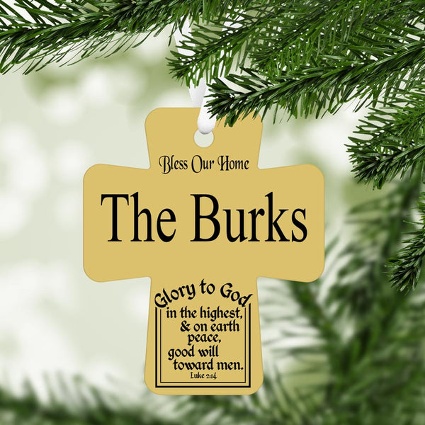 Cross shaped Christmas Ornament Wall Hanging with Luke 2:14 bible verse and your family name 