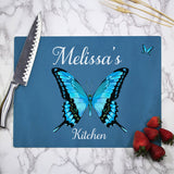 Large blue butterfly in Center and small one in each upper corners and two lines of text personalized