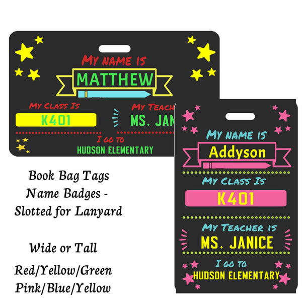 Choose from red-green-yellow or pink-blue-yellow theme name tags in tall or wide