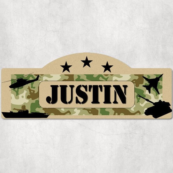Green Camo along with military equipment designs make the perfect backdrop to any boys name on these custom named door signs
