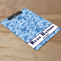Personalized Camouflage Clipboard personalized with any name and second line of text. Shown in Navy Camo Blue 