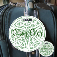 Round 4" luggage tag with celtic knot design printed on front side with your name and on reverse side with name and contact info